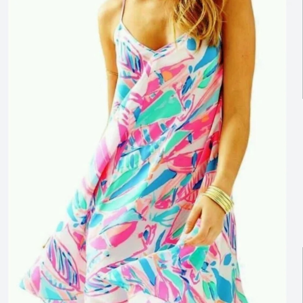 LILLY PULITZER CLARA 100% SILK ASYMETRIC HEM SLIP DRESS